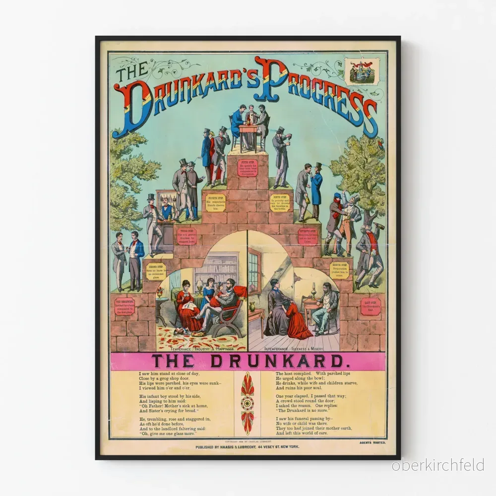 Vintageposter The Drunkard's Progress – Moraliska illustrationer om alkoholism