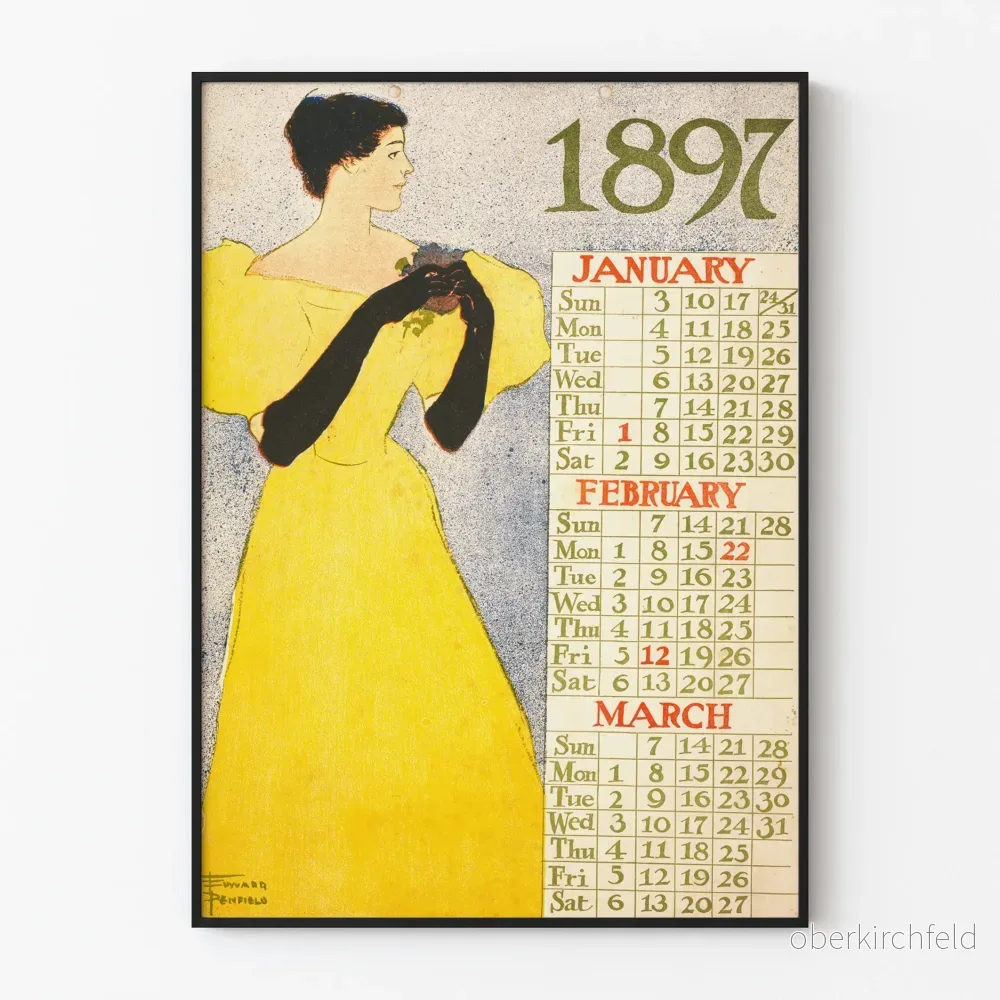 Vintage kalenderposter 1897 - Januari till mars, retroillustration av kvinna i gul klänning