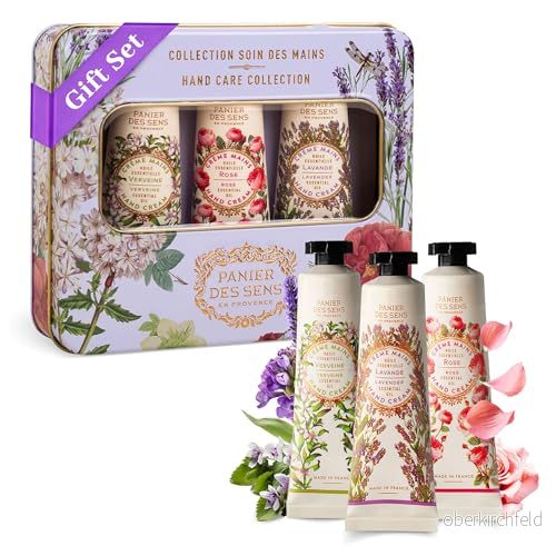 Panier des Sens Presentask för kvinnor Trio av fuktgivande handkräm Verbena, rosa och lavendel presentidé tillverkad i Frankrike presentset henne 97 % naturliga ingredienser 3701447302555