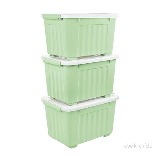Cetomo 35 L x 3 förvaringslådor med hjul, plastförvaringslåda lock, spärrspännen, klickstängning, stapelbar, kapsling, hållbar organisatör för hemmakontorskläder, grön, pack 6925801116733