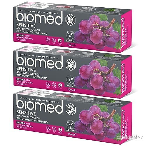 BIOMED Känslig tandkräm 3x100g, emaljstärkande och känslighetsreducering, lugnar tandköttet skyddar mot röta, fri från fluor, SLS, PEG, sackarin gluten, vegan, halal 7640340650287