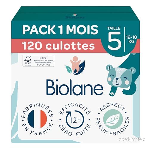 BIOLANE Trosor blöjor storlek 5 (1218 kg) noll läckage i 12 timmar förpackning 1 månad 120 blöjbyxor tillverkad Frankrike 3286010079541