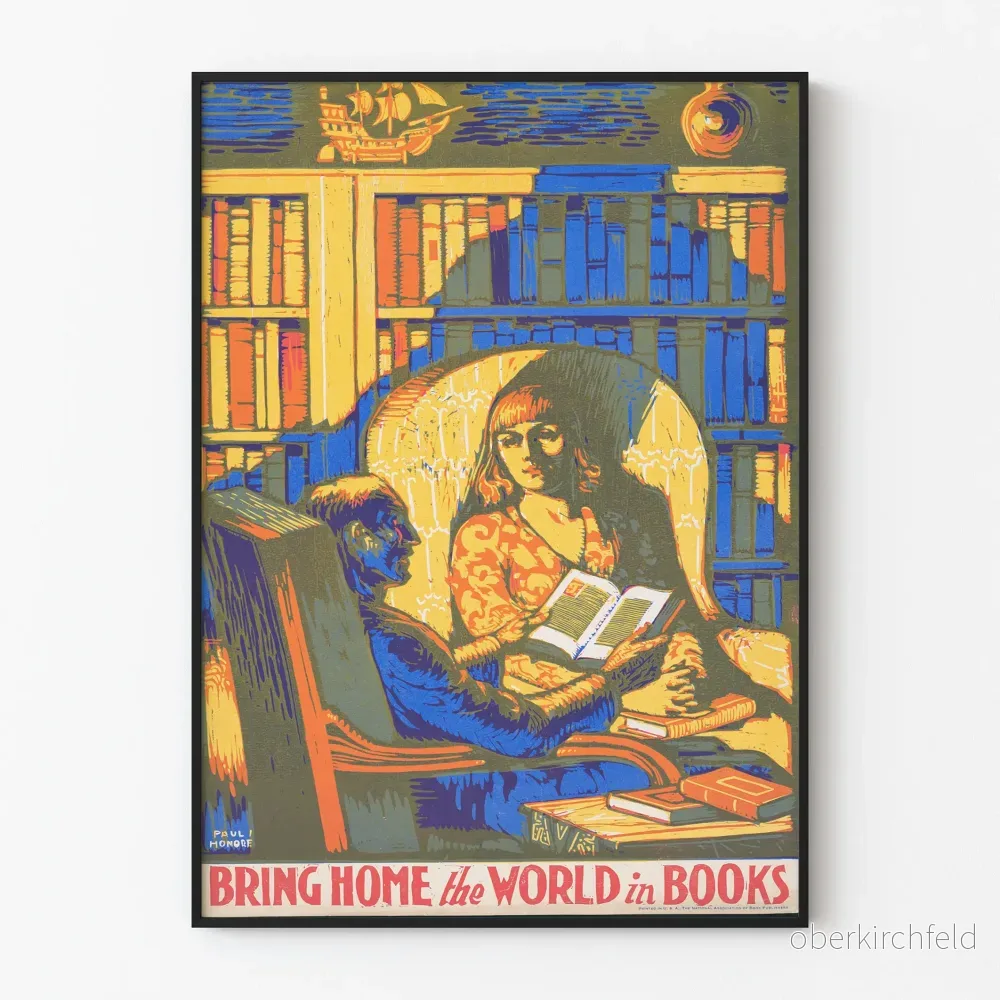Vintageposter Bring Home the World in Books – Bokhyllereklam för väggdekor