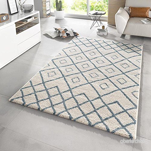 Mint Rugs hög flor matta maison, mjuk och fluffig, geometrisk design i Boho Look (80 x 150 cm, 2 cm blomhöjd, 100% polypropylen, robust lämplig för golvvärme), konstfiber, blå/kräm 4260425289237