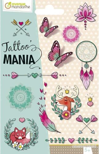 Avenue Mandarine CC054C Förpackning med tatueringar Mania, 1 ark 15 tatueringar, perfekt från 5 år, bohemisk, pack 3609510581084