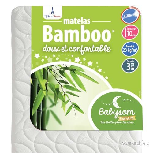 Babysom Bambumadrass för bebisar, 60 x 120 cm, ultramjuk viskos luftig och absorberande utan kemisk behandling tjocklek 10 cm avtagbart överdrag Oeko Tex® fransk tillverkning 3454980333318