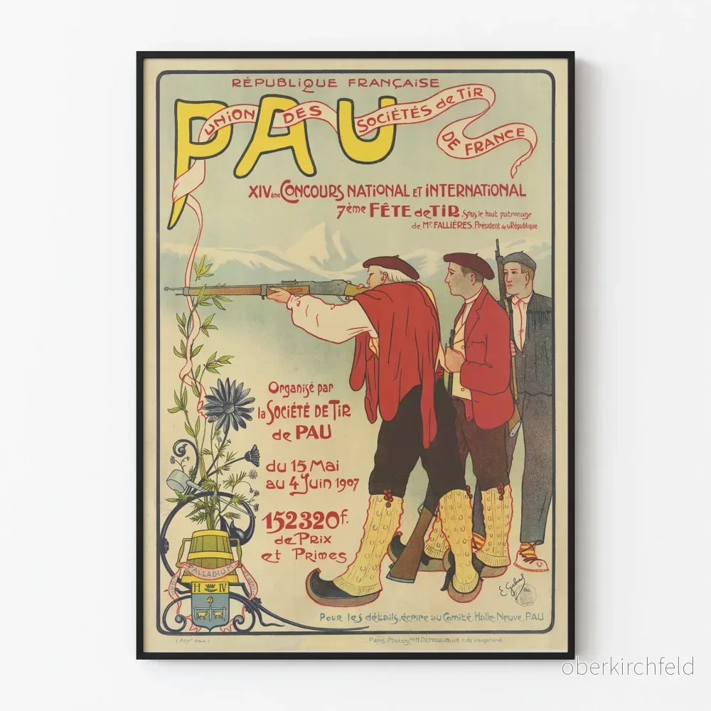 Gammal tävlingsaffisch för skjutning i Pau 1907, vintage väggdekoration