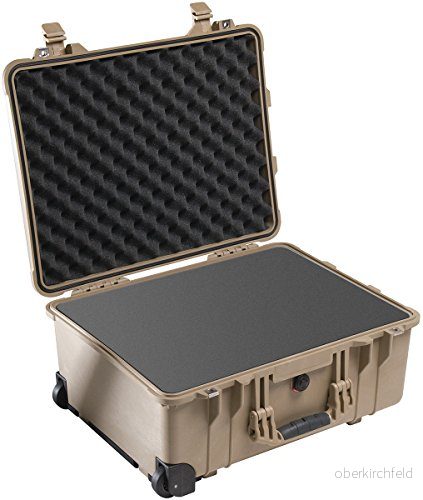 PELI 1560 stor stötsäker väska med hjul och teleskophandtag, IP67 vatten dammtät, 44 liters kapacitet, tillverkad i Tyskland, anpassningsbar skuminredning, ökenbeige 19428059811