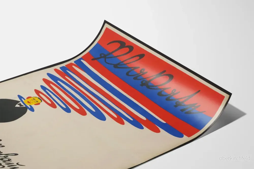 Vintage dekorativ poster med stiliserad porträtt i svart, rött och blått - Bild 3