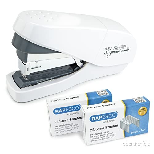 Rapesco 1689 Germ Savvy ECO mindre ansträngning platt häftapparat med 2000 24/6 mm häftklamrar, 35 ark kapacitet, använder vit 5018505060288