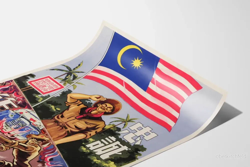 Malaysisk propagandaposter med hälsande figur och konfliktscen - Bild 3