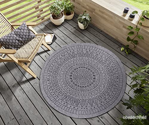 Northrugs Porto inomhus- och utomhatta rund vändmatta vattentät mandala-design platt vävd matta väderbeständig för balkong, terrass, trädgård, vardagsrum i nattsilver, ⌀ 100 cm 4260770249825