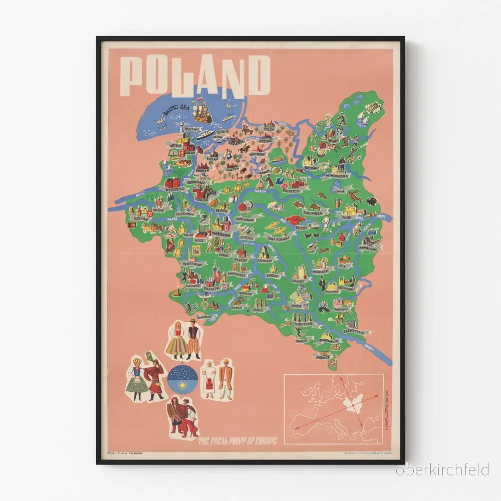Poster med illustrerad karta över Polen - Vintage väggdekoration Europa