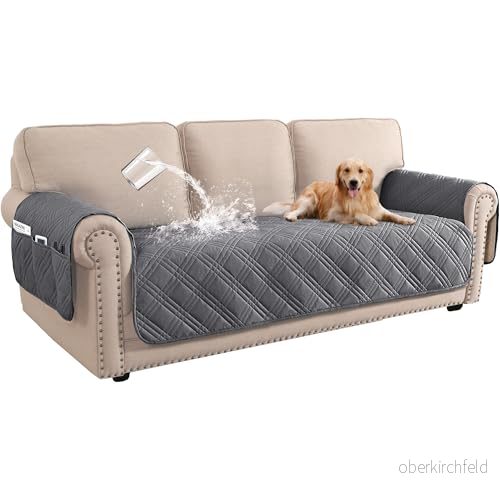 BellaHills 100% vattentätt sofföverdrag, 3 sits sofföverdrag för vardagsrum, tvättbara soffstolskydd med sidoficka, husdjurs (3 sits, grå) 732845320370