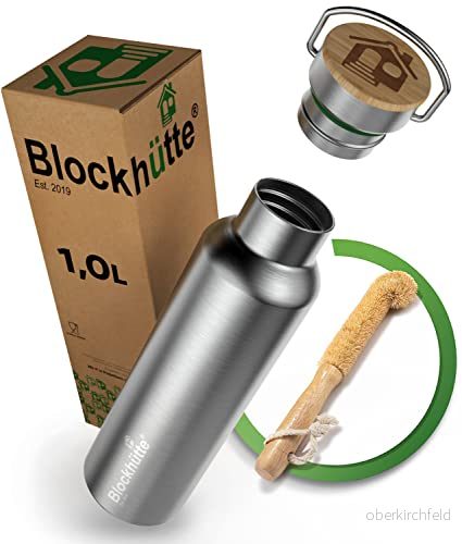Blockhütte Blockstuga Premium rostfritt stål drickflaska isolerad 1 l med naturborst, borste, isoleringsflaska, läckagesäker vattenflaska, diskmaskinssäker, för universitet, kontor, BPA fri 4270001302649