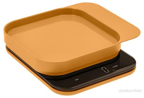 Rosti Mensura köksvåg, hushållsvåg, bakvåg, digital köksvåg med skål- och tareringsfunktion, maxvikt 10 kg, 16,5 x 20,3 3,5 cm, curry 5722000256847