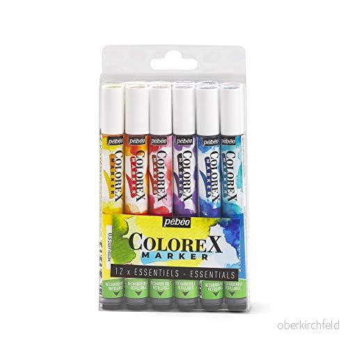 Pebeo Colorex bläckmarkör set med 12 akvarellbläck primära färger rendering sammetslen Multi verktyg teckning alla stöd extra färgmarkör 3167864174111