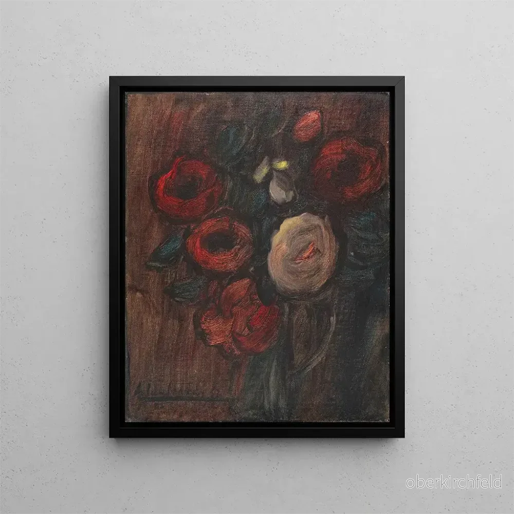 Stor målning av stilleben med grön kruka och pioner, bukett med mörkröda rosor - Alexej von Jawlensky | Konsttryck