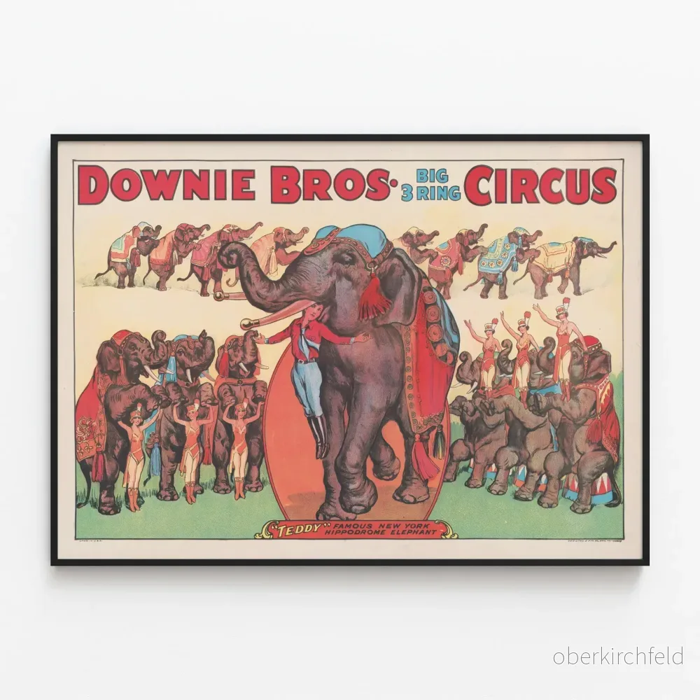 Vintageposter av cirkus Downie Bros Big 3 Ring med elefanter och artister