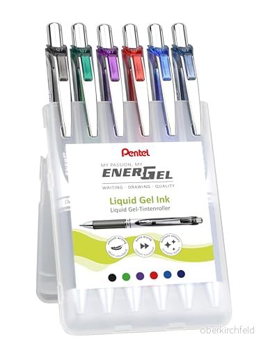 Pentel BL77 6 EnerGel Gelbläckrulle med tryckmekanik, 0,7 mm kuldiameter = 0,35 linjetjocklek, påfyllningsbar, justerbar plastlåda, innehåll stycken, färgsorterade, 12 färger 4016284347287