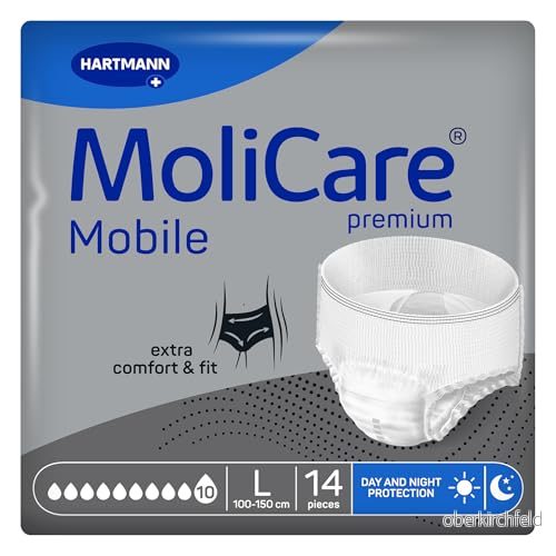 MoliCare Premium Mobile 10 Drops Size Large Inkontinensbyxor för kvinnor och män förhindrar läckor Snabb absorption omedelbar torr känsla 99-150 cm 14 stycken 2568 ml 4052199315799