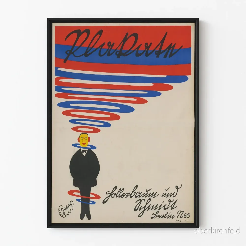 Vintage dekorativ poster med stiliserad porträtt i svart, rött och blått