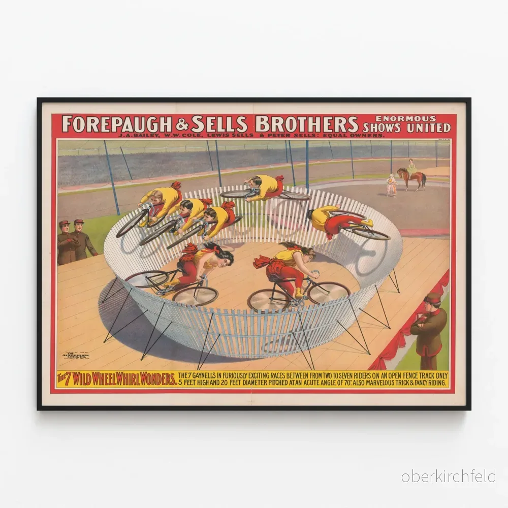 Vintage cirkusaffisch Forepaugh & Sells Brothers - De 7 underverkshjulens snurrar