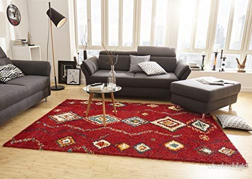 Mint Rugs Geometrisk matta, hög lugg, vardagsrumsmatta, mjuk fluffig, lång lurvig flokati boho, etnisk design för barnrum, sovrum, kök, hall, rödbrun, 160 x 230 cm 4260482441920