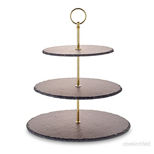 ECHTWERK bricka/serveringsbräda för bakverk, frukt, ost och desserter av naturskiffer, med 3 nivåer metallhandtag, Gold Edition, Ø skifferplattor ca 20/25/30 cm, lergods 4260238064922