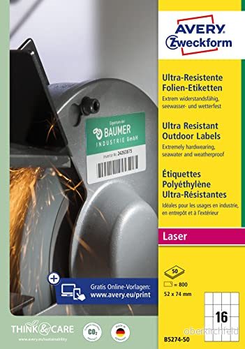 Avery B5274 50 52 x 74 mm, A4, belagd, matt, Vit 311x220x23mm (50 ark) per låda) 4004182050729