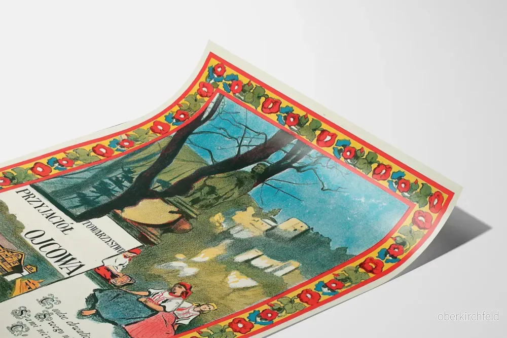Vintage folkloristisk dekorativ poster med figurer och historisk landskap - Bild 3