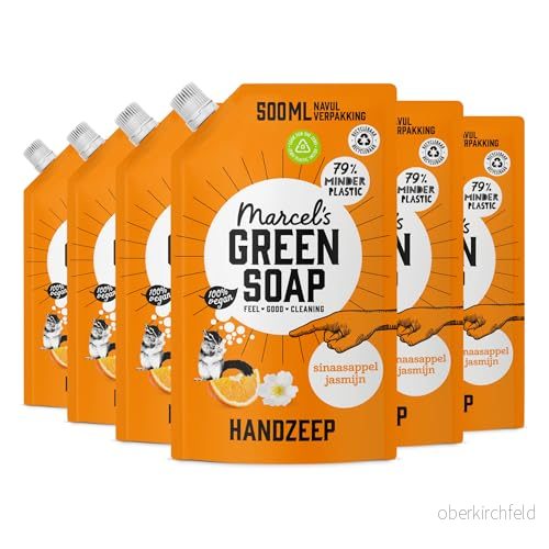 Marcel's Green Soap Handtvål påfyllningspaket orange och jasmin Dispenser för flytande tvål 100% miljövänlig vegansk 97% biologiskt nedbrytbar 6 pack 500 ml 8720254337241
