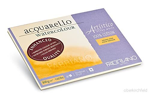 Fabriano Artistico Acquarello Watercolour, extra vit, finkorn kallpressad, 23 x 30,5 cm, 20 ark 300 g/m², högkvalitativ akvarellkartong, block 4 sidig, vegansk 8001348210054