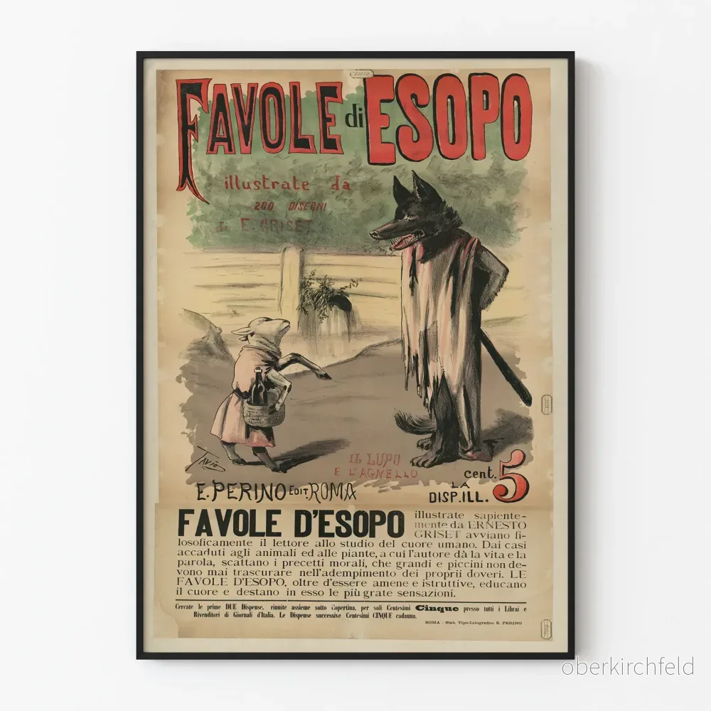 Vintageposter av Esopas fabler illustrerad av Ernesto Griset