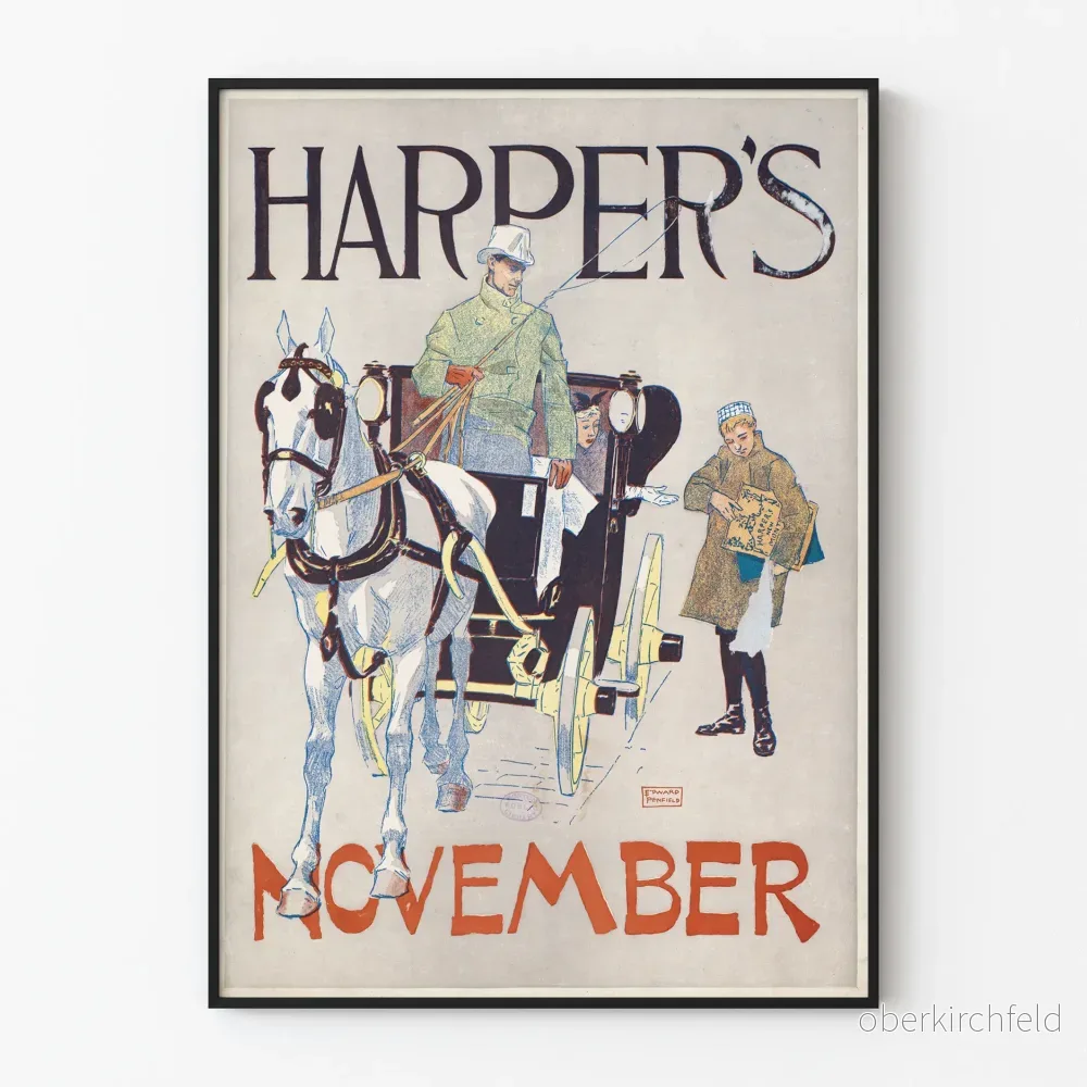 Vintageposter Harper's november - Illustration av häst och droska