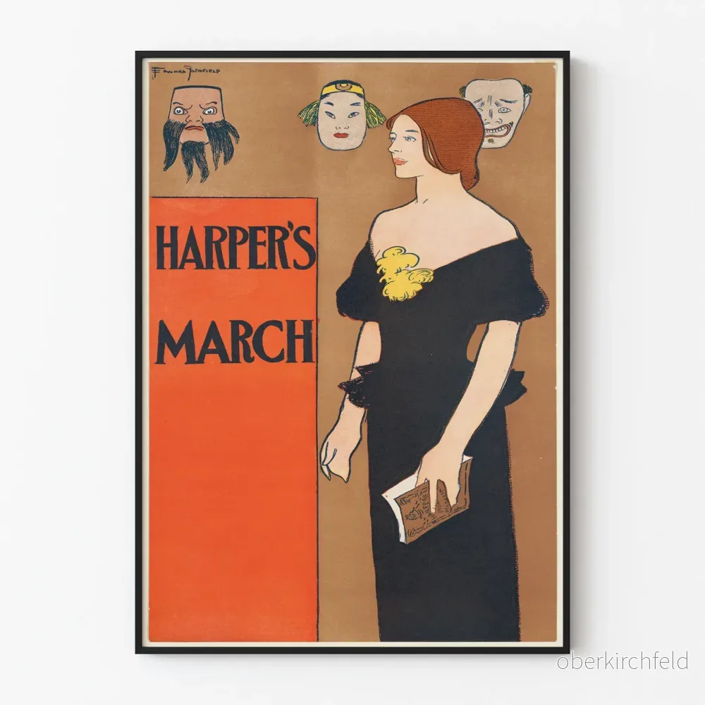 Vintageaffisch Harper's March elegant kvinna i svart klänning
