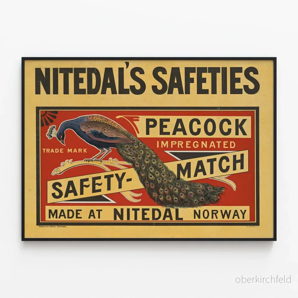 Vintageposter Nitedal's Safeties med Påfågel - Retro Väggdekoration