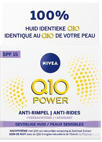 NIVEA Q10 Sensitive Day Care FPS 15 (1 x 50 ml), anti rynkkräm berikad med ren och lakritsextrakt, kollagen booster aging kräm, lugnande ansiktsbehandling för känslig hud 4005900545558