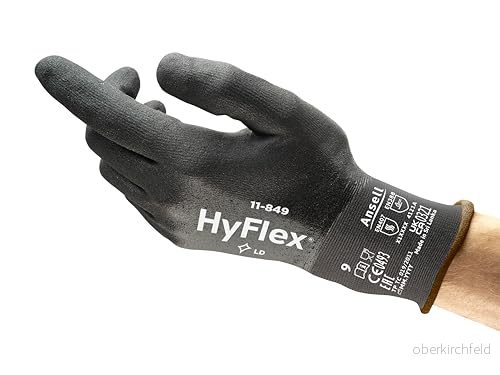 Ansell Hyflex 11 849 Nötningsbeständiga professionella arbetshandskar, skydd med flera användningsområden, mekanik, hantering, montering, tvättbar säkerhetshandske, svart, storlek M (1 par) 76490641634
