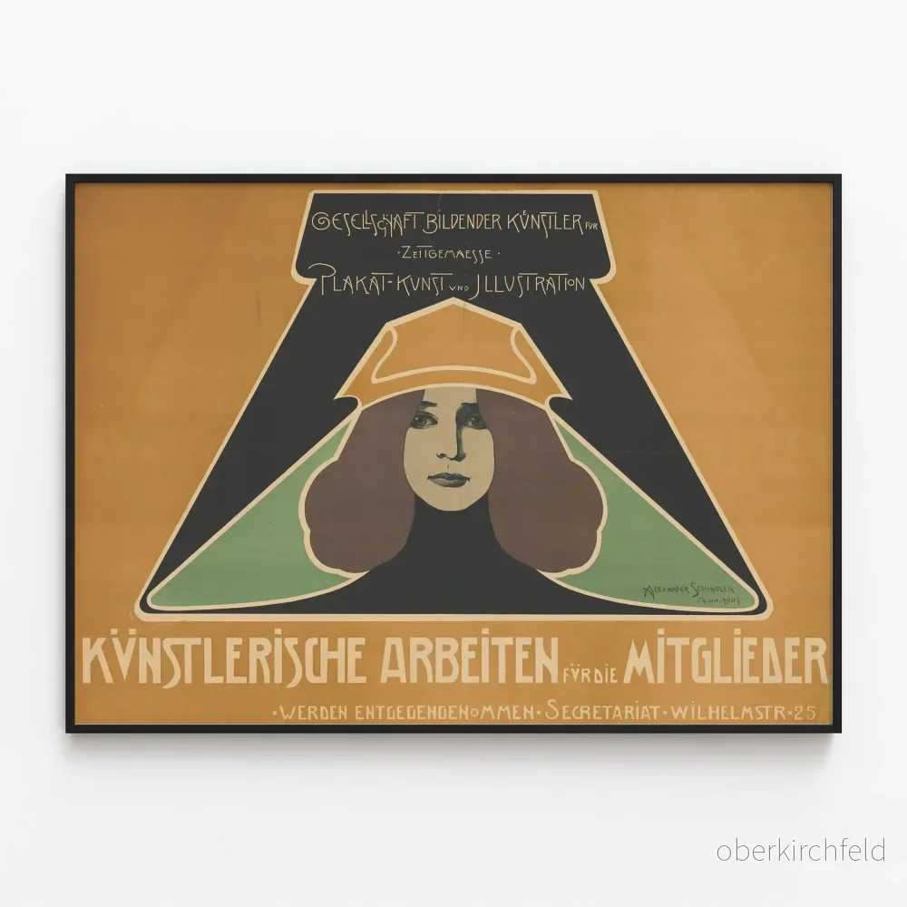 Art Nouveau-poster med kvinnligt porträtt och grafisk typografi