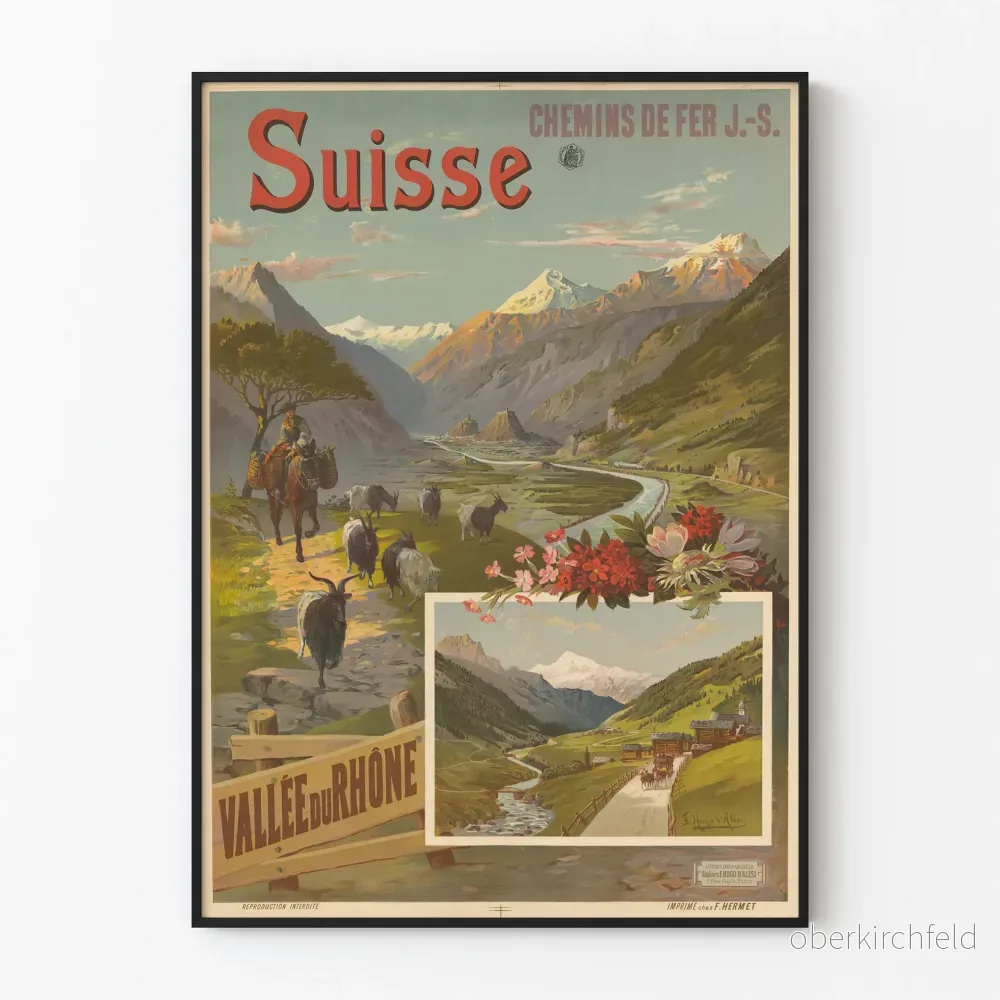 Vintageposter Schweiz Rhône-dalen J.S. järnvägar