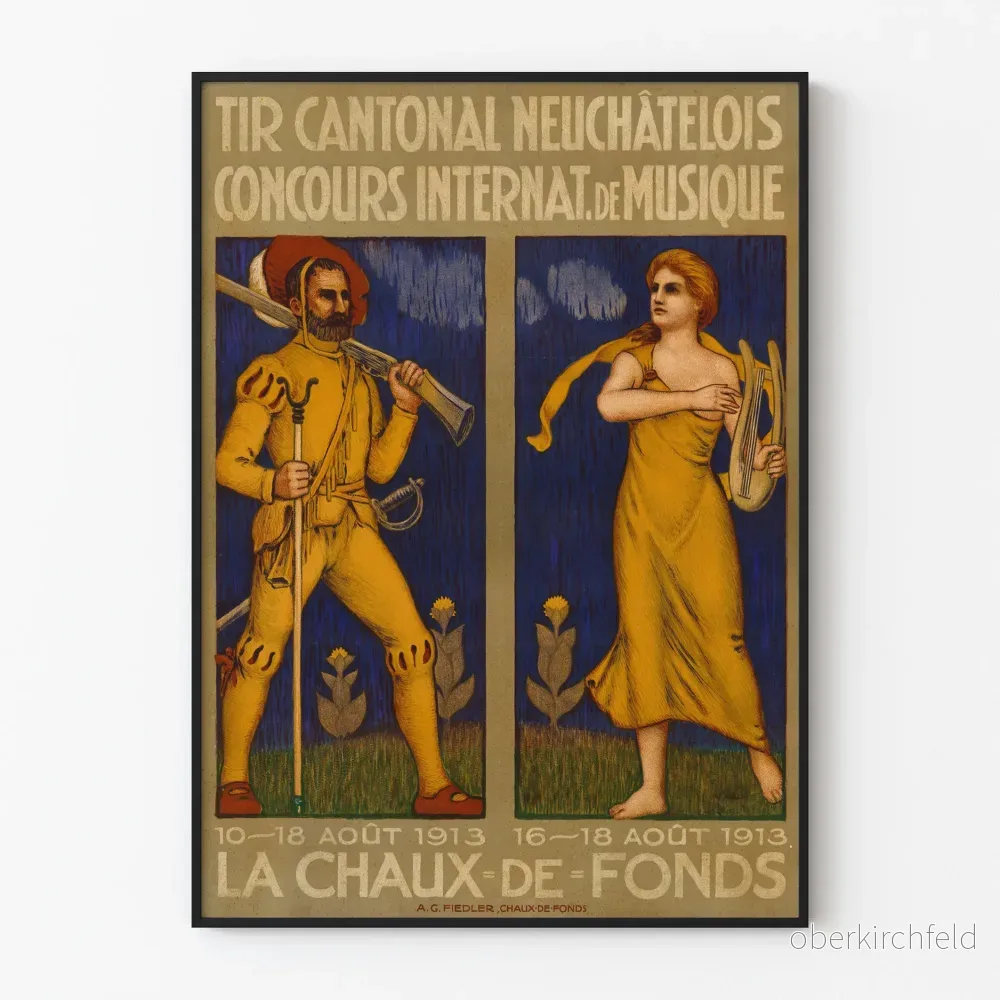 Vintageaffisch för musiktävling Internationella Musikhögskolan 1913 La Chaux-de-Fonds