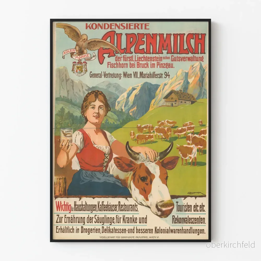 Vintageposter med mjölkig kondensat från Alperna, bergslandskapdekoration