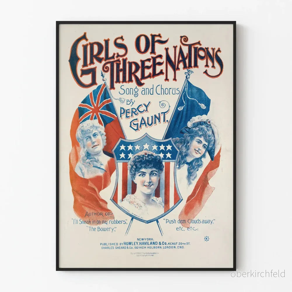 Vintageposter med motiv av Flickor från tre nationer, nostalgisk väggdekoration
