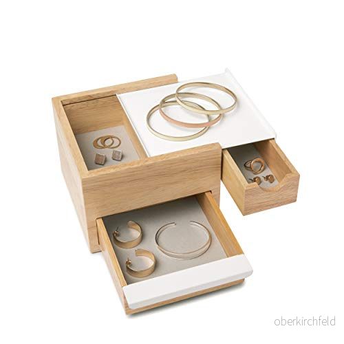 Umbra Stowit Mini Design smyckeskrin modern smyckeslåda med hemliga fack för ringar, armband, klockor, halsband, örhängen och accessoarer, trä/metall, vit/natur, liten 28295522199