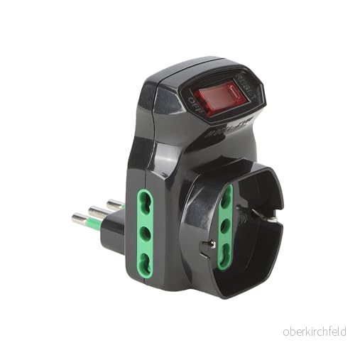 FANTON 87318 adapter trippelkontakt liten 10 A 2 bypassuttag 16 1 dubbelt uttag italiensk/tysk Schuko med strömbrytare överbelastningsskydd svart 8015450201282