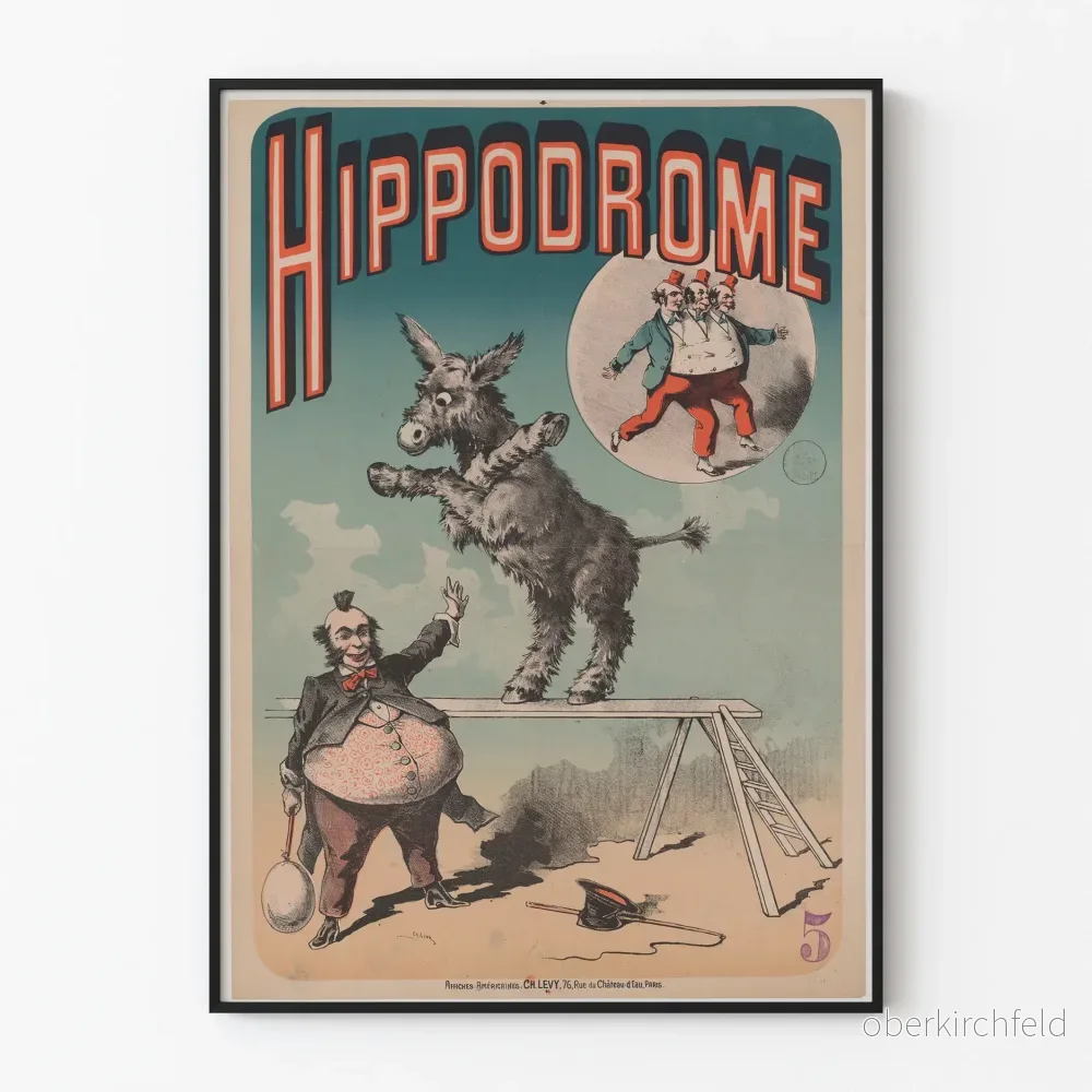 Vintageaffisch för hippodromen: akrobatisk åsna och cirkusartist