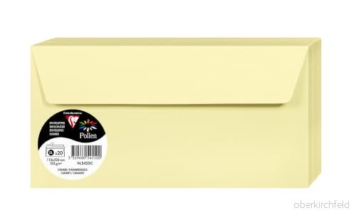 Clairefontaine Ref 5455C Pollen, självhäftande kuvert (paket med 20) DL storlek, 120 gsm papper, skrivarkompatibel, syrafri, remsa för enkel tätning kanariefågel 3329680545500