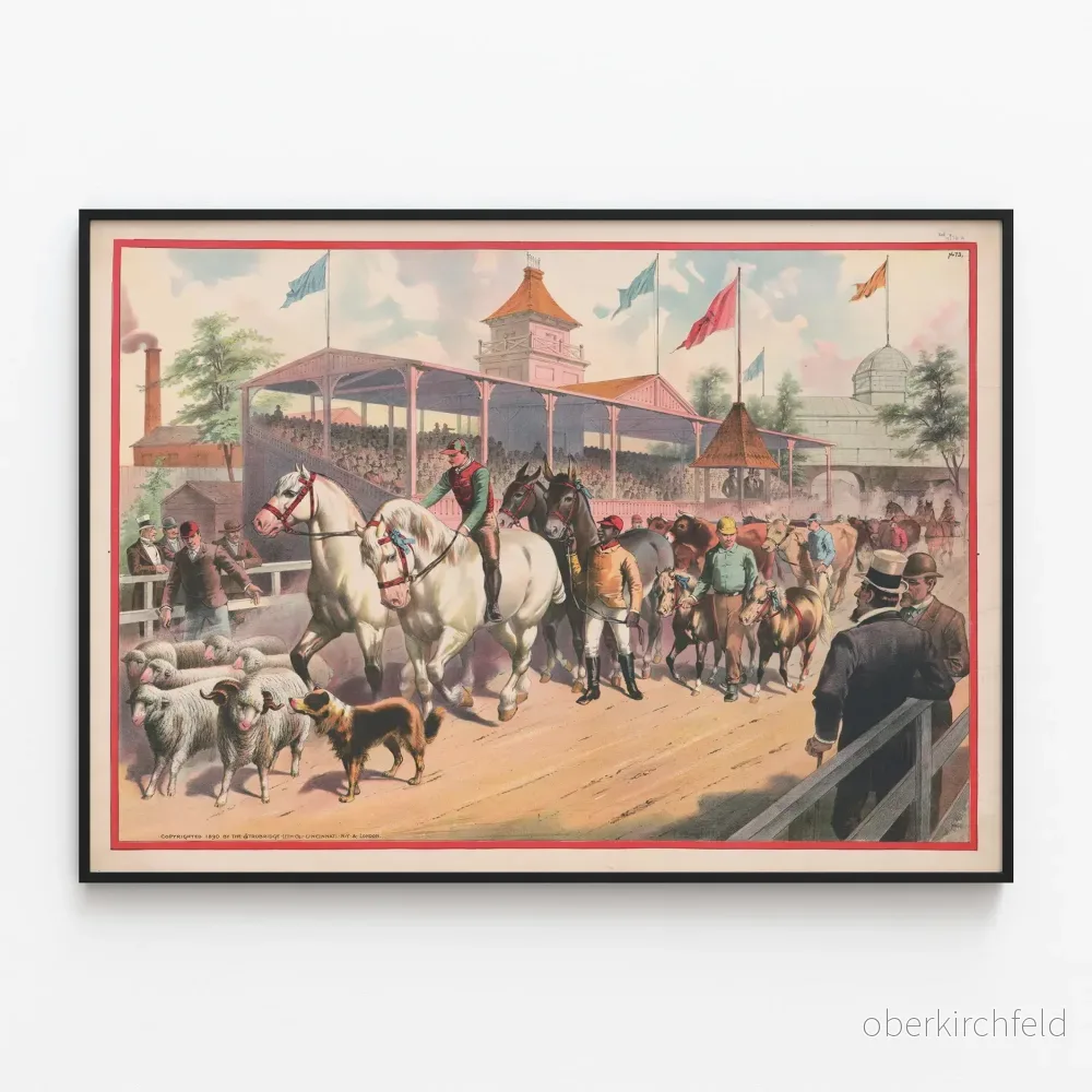 Vintage poster av procession med hästar, får och kor på hippodromen