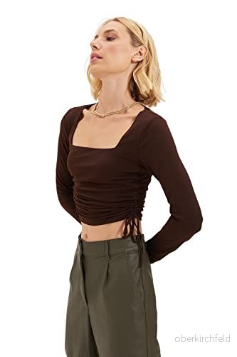Trendyol Dam figursydd fyrkantig krage stickad blus, Brun, M 8683044180758
